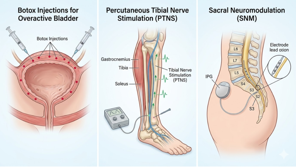 Medical illustration showing three advanced OAB treatments: bladder Botox injections, percutaneous tibial nerve stimulation at the ankle, and sacral neuromodulation implant