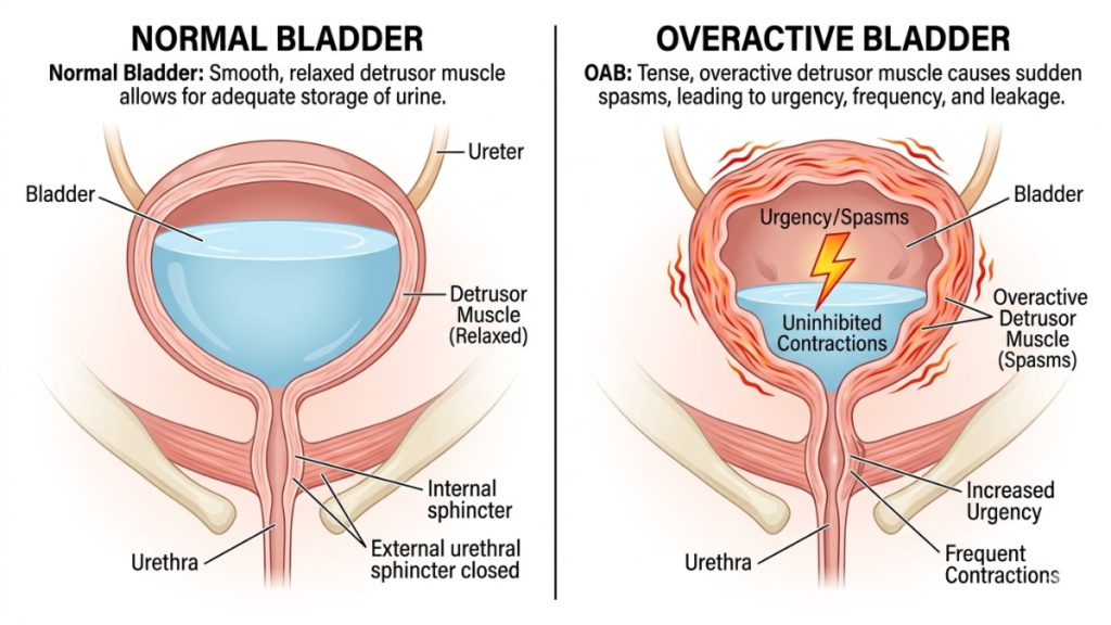 Medical illustration comparing a normal bladder and an overactive bladder showing involuntary detrusor muscle contractions