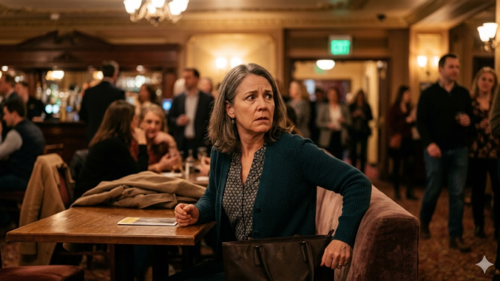 Middle-aged woman looking anxious in a public
setting representing the social and emotional
impact of living with overactive bladder
