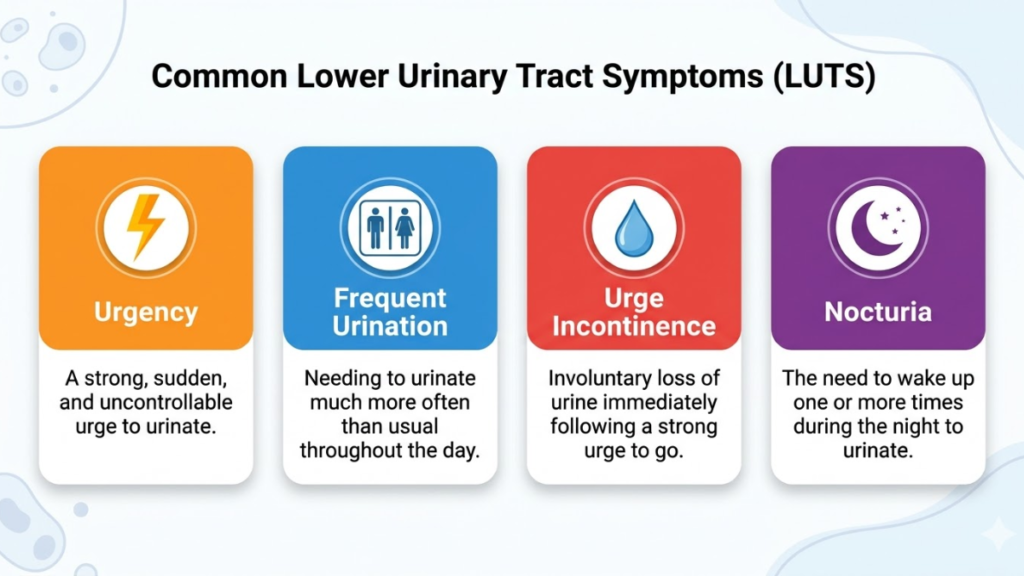 Infographic showing the four main overactive bladder symptoms: urgency, frequent urination, urge incontinence, and nocturia