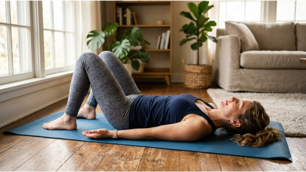Woman performing pelvic floor exercises on a yoga mat at home as part of an overactive bladder prevention and treatment routine