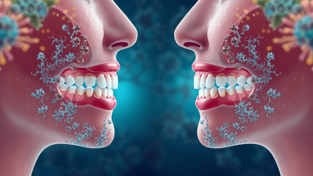 Scientific illustration showing oral microbiome bacterial balance in healthy vs unhealthy mouth