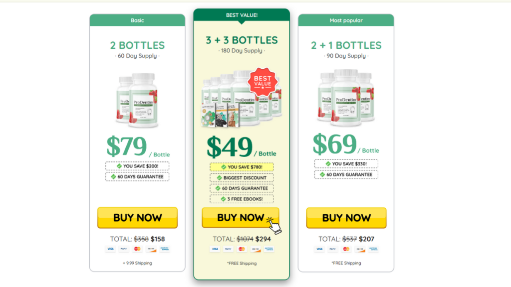 ProDentim pricing comparison showing 1, 3, and 6 bottle package options and savings