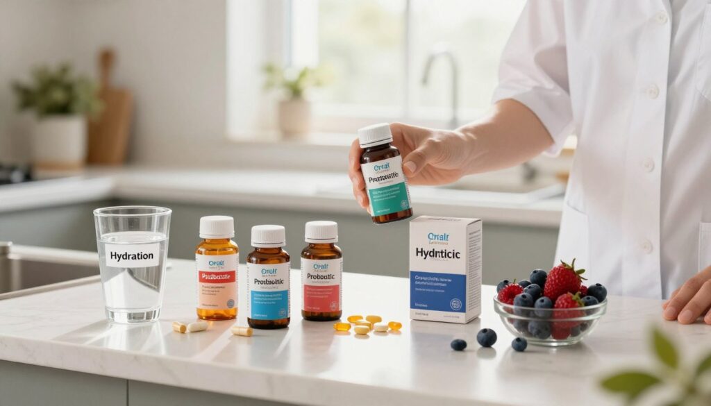 A bright and inviting kitchen scene, featuring a countertop with an array of oral probiotic products like capsules, chewable tablets, and liquid supplements artistically arranged. In the foreground, a glass of water labeled "Hydration" sits next to a small bowl of fresh berries, symbolizing natural support for oral health. In the middle ground, a hand in a professional, modest outfit gently holds a probiotic jar, emphasizing the ease of incorporating these products into daily routines. The background is softly blurred, showcasing bright, natural light streaming through a kitchen window, creating a warm and health-focused atmosphere. The overall mood is uplifting and balanced, reflecting the theme of supporting the oral microbiome naturally. A bright and inviting kitchen scene, featuring a countertop with an array of oral probiotic products like capsules, chewable tablets, and liquid supplements artistically arranged. In the foreground, a glass of water labeled "Hydration" sits next to a small bowl of fresh berries, symbolizing natural support for oral health. In the middle ground, a hand in a professional, modest outfit gently holds a probiotic jar, emphasizing the ease of incorporating these products into daily routines. The background is softly blurred, showcasing bright, natural light streaming through a kitchen window, creating a warm and health-focused atmosphere. The overall mood is uplifting and balanced, reflecting the theme of supporting the oral microbiome naturally.