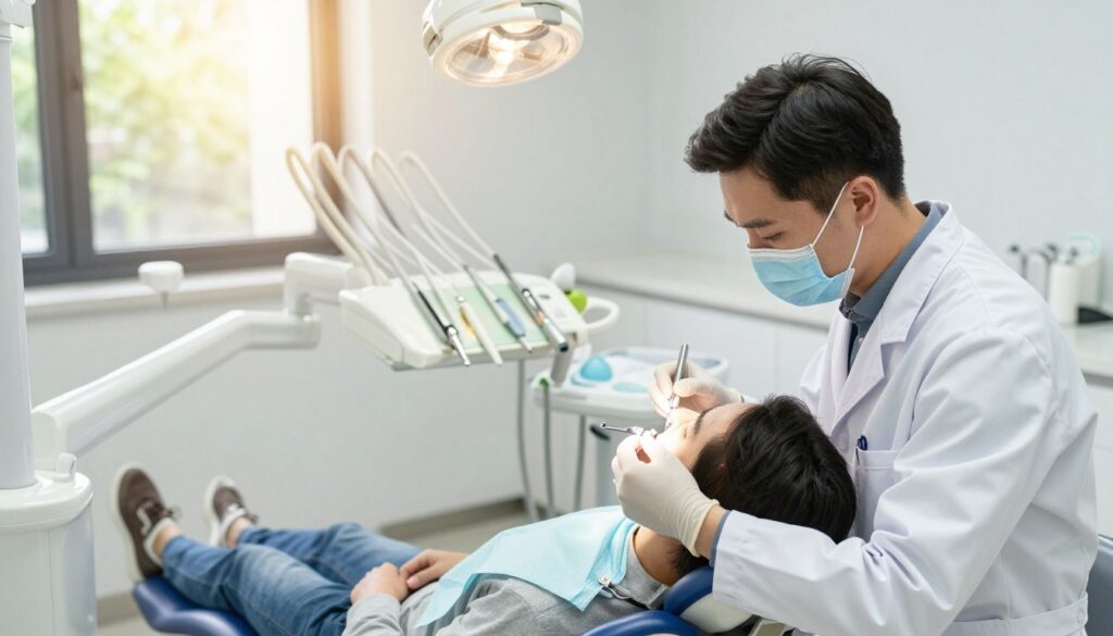 A bright and modern dental office interior, featuring a dental checkup scene. In the foreground, a professional dentist in a white coat and mask examines a patient seated in a dental chair, who appears relaxed and comfortable. The patient is dressed in modest casual clothing. In the middle ground, dental tools and equipment are neatly arranged on a tray, reflecting a clean and sterile environment. The background includes a sunny window with greenery outside, enhancing the atmosphere with natural light. The lighting is soft and warm, creating a welcoming mood. The angle is slightly elevated, capturing the interaction between the dentist and patient, emphasizing the importance of preventive dental care in a clinical setting. A bright and modern dental office interior, featuring a dental checkup scene. In the foreground, a professional dentist in a white coat and mask examines a patient seated in a dental chair, who appears relaxed and comfortable. The patient is dressed in modest casual clothing. In the middle ground, dental tools and equipment are neatly arranged on a tray, reflecting a clean and sterile environment. The background includes a sunny window with greenery outside, enhancing the atmosphere with natural light. The lighting is soft and warm, creating a welcoming mood. The angle is slightly elevated, capturing the interaction between the dentist and patient, emphasizing the importance of preventive dental care in a clinical setting.