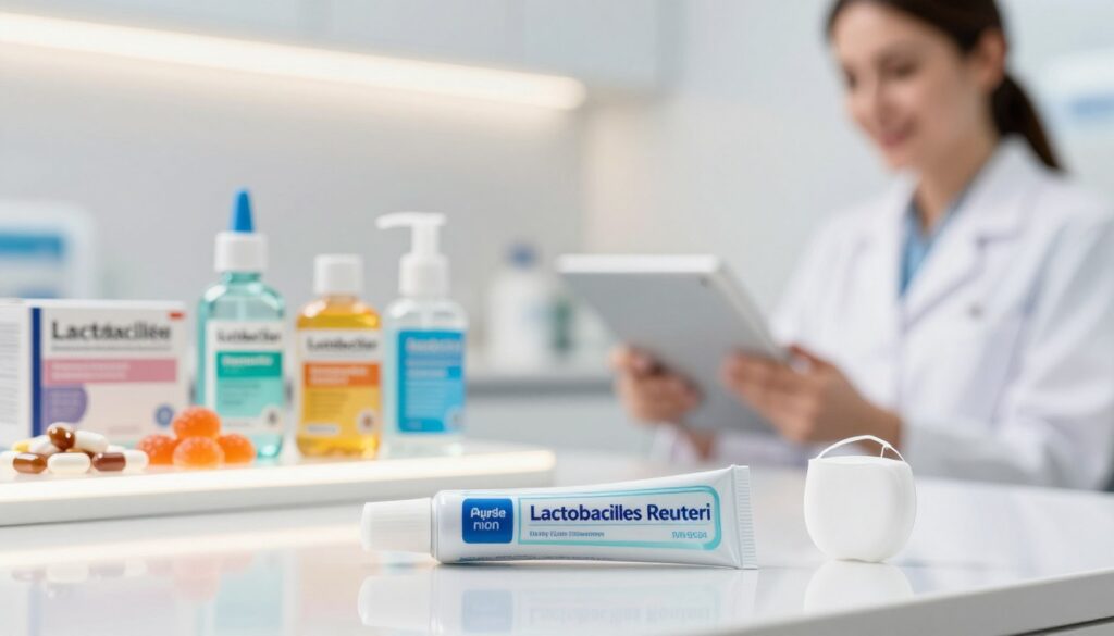A bright and organized dental clinic setting with a close-up view of various probiotics delivery methods. In the foreground, focus on a sleek, modern probiotic toothpaste tube and dental floss infused with Lactobacillus Reuteri, arranged neatly on a polished surface. In the middle ground, a well-lit shelf displays probiotic capsules, gummies, and mouthwash, showcasing their packaging. The background features a dental professional in a white coat, examining dental health materials on a tablet, emphasizing a clinical yet welcoming atmosphere. Soft lighting highlights the health-focused items, creating a clean, fresh mood. Use a shallow depth of field to emphasize the products while the dental professional blurs slightly, accentuating the theme of integrating probiotics into daily dental routines. A bright and organized dental clinic setting with a close-up view of various probiotics delivery methods. In the foreground, focus on a sleek, modern probiotic toothpaste tube and dental floss infused with Lactobacillus Reuteri, arranged neatly on a polished surface. In the middle ground, a well-lit shelf displays probiotic capsules, gummies, and mouthwash, showcasing their packaging. The background features a dental professional in a white coat, examining dental health materials on a tablet, emphasizing a clinical yet welcoming atmosphere. Soft lighting highlights the health-focused items, creating a clean, fresh mood. Use a shallow depth of field to emphasize the products while the dental professional blurs slightly, accentuating the theme of integrating probiotics into daily dental routines.