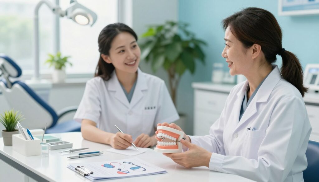 A bright, well-lit dental clinic scene focusing on a professional dental advisor, a middle-aged woman in a white lab coat, seated at a sleek desk with dental diagrams and pamphlets spread before her. In the foreground, a pair of hands hold a dental model demonstrating proper oral hygiene techniques. In the middle ground, the dental advisor is engaged in a thoughtful discussion, displaying a reassuring smile, with diagnostic tools and a dental chair hinting at a welcoming environment. The background features vibrant green plants and calming blue walls, enhancing the atmosphere of professionalism and care. Soft, natural lighting filters through a large window, creating a warm, inviting ambiance that encourages patients to seek advice for their dental concerns.
