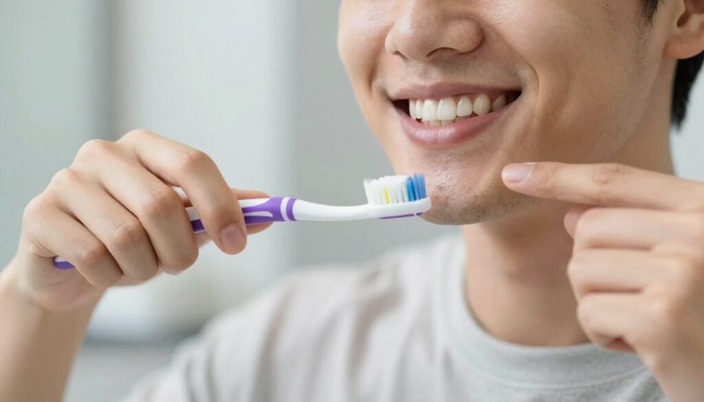 A close-up view of a smiling person demonstrating the correct brushing technique for oral health. The person, depicted in modest casual clothing, holds a toothbrush at a 45-degree angle against their gums, with gentle circular motions being shown. The foreground features a brightly colored toothbrush with soft bristles and a tube of toothpaste beside it. The middle ground captures the person's face with an emphasis on their clean, healthy teeth, reflecting a sense of freshness and confidence. The background is softly blurred, showcasing a tidy bathroom with subtle natural light streaming in, creating a bright and inviting atmosphere. The overall mood is positive, educational, and reassuring, emphasizing proper dental care practices.