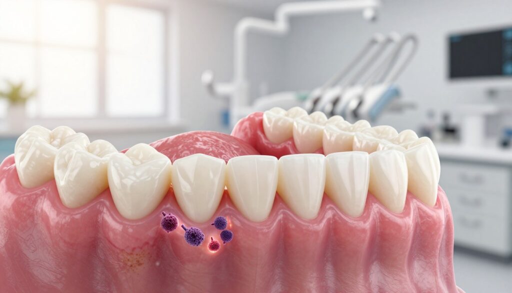 A close-up view of healthy periodontal tissue recovery, showcasing rich pink and light red gums surrounding strong white teeth. In the foreground, detail the gum line displaying signs of regeneration and healing, with small, vibrant clusters of Lactobacillus Reuteri represented as glowing microorganisms. The middle ground features a dental model that emphasizes the structure of healthy teeth and gums, illuminated by soft, natural daylight streaming in from the left. In the background, a blurred dental clinic environment, featuring modern dental tools and a clean, organized workspace, creates a professional atmosphere. The overall mood is hopeful and optimistic, symbolizing the importance of microbiome health in promoting oral recovery. The image should be bright and inviting, with a focus on warmth and cleanliness. A close-up view of healthy periodontal tissue recovery, showcasing rich pink and light red gums surrounding strong white teeth. In the foreground, detail the gum line displaying signs of regeneration and healing, with small, vibrant clusters of Lactobacillus Reuteri represented as glowing microorganisms. The middle ground features a dental model that emphasizes the structure of healthy teeth and gums, illuminated by soft, natural daylight streaming in from the left. In the background, a blurred dental clinic environment, featuring modern dental tools and a clean, organized workspace, creates a professional atmosphere. The overall mood is hopeful and optimistic, symbolizing the importance of microbiome health in promoting oral recovery. The image should be bright and inviting, with a focus on warmth and cleanliness.