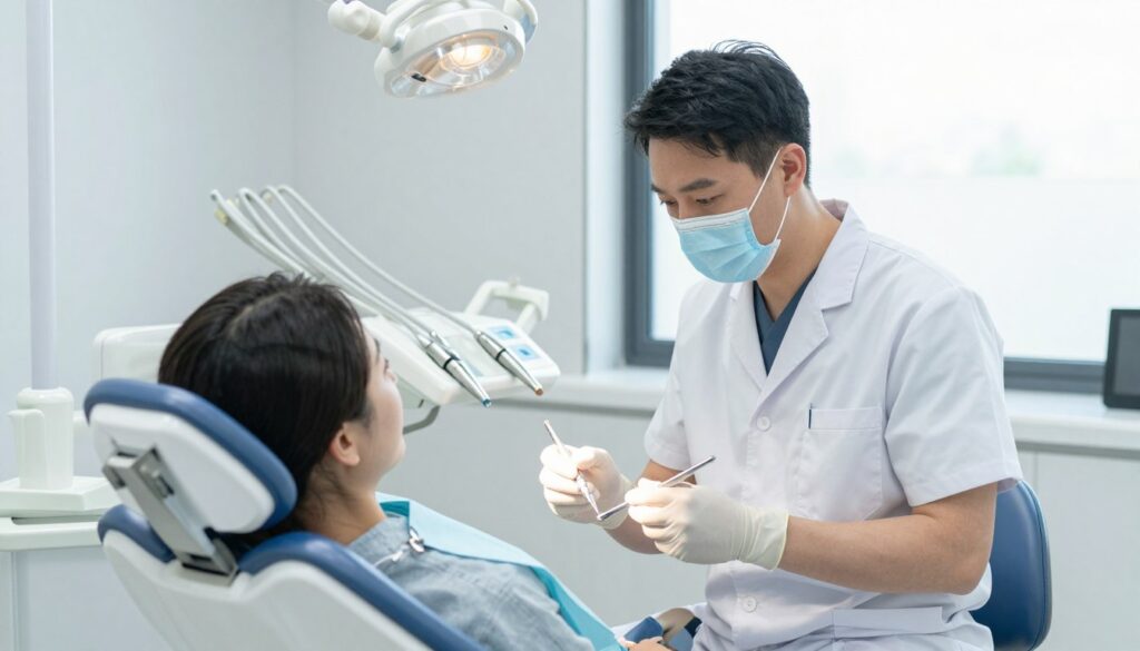 A modern dental clinic interior, featuring a professional dentist and an assistant in smart business attire, engaged in a detailed examination of a patient seated comfortably in a high-tech dental chair. The dentist is holding dental instruments, demonstrating precision. In the foreground, the dentist's focused expressions convey seriousness and dedication to oral health. The clinic is well-lit with bright, clean lighting, emphasizing a sterile environment, while the background showcases dental tools organized neatly on a countertop. Soft colors like white and light blue create a calm and reassuring atmosphere, suggesting professionalism and trust. A large window in the background allows natural light to filter in, enhancing the inviting feel of the clinic without distractions. A modern dental clinic interior, featuring a professional dentist and an assistant in smart business attire, engaged in a detailed examination of a patient seated comfortably in a high-tech dental chair. The dentist is holding dental instruments, demonstrating precision. In the foreground, the dentist's focused expressions convey seriousness and dedication to oral health. The clinic is well-lit with bright, clean lighting, emphasizing a sterile environment, while the background showcases dental tools organized neatly on a countertop. Soft colors like white and light blue create a calm and reassuring atmosphere, suggesting professionalism and trust. A large window in the background allows natural light to filter in, enhancing the inviting feel of the clinic without distractions.