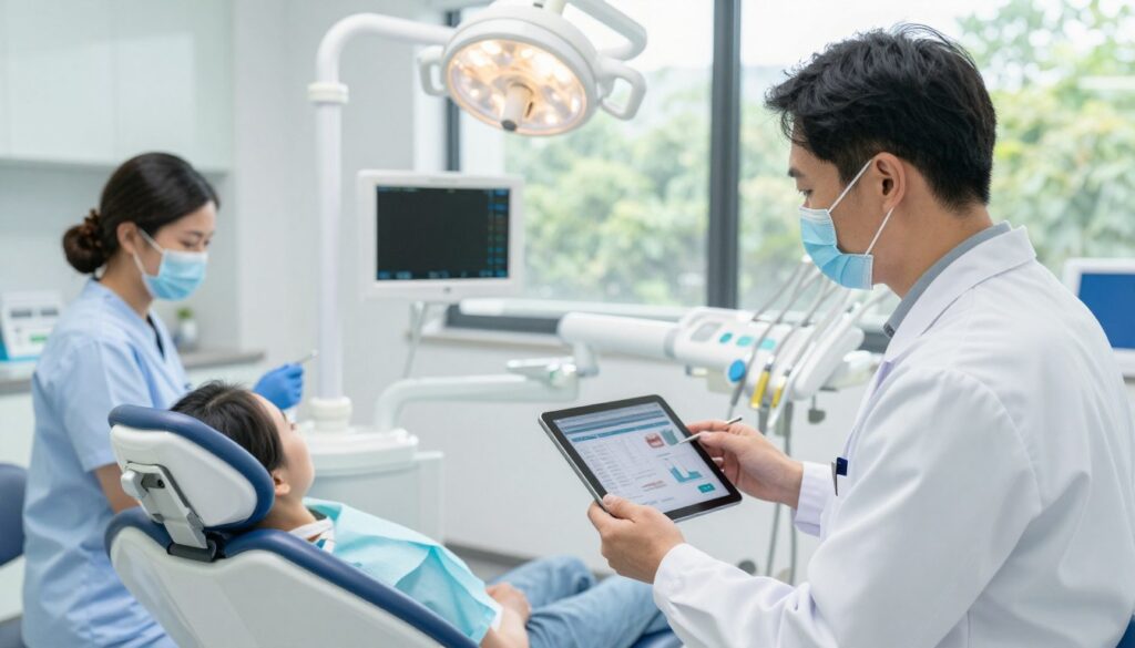 A modern dental clinic scene focused on oral health monitoring. In the foreground, a dental professional in a white lab coat examines a digital tablet displaying data and graphs related to a patient's oral health. To the left, a dental hygienist, dressed in professional attire, is preparing tools for a check-up, emphasizing a collaborative environment. In the middle, a dental chair with high-tech monitoring equipment and bright lighting creates a clean, sterile atmosphere. In the background, large windows bathe the space in natural light, showcasing greenery outside that symbolizes holistic health. The mood is professional and reassuring, with a focus on innovation and care, indicating the importance of monitoring progress and consulting with professionals. A modern dental clinic scene focused on oral health monitoring. In the foreground, a dental professional in a white lab coat examines a digital tablet displaying data and graphs related to a patient's oral health. To the left, a dental hygienist, dressed in professional attire, is preparing tools for a check-up, emphasizing a collaborative environment. In the middle, a dental chair with high-tech monitoring equipment and bright lighting creates a clean, sterile atmosphere. In the background, large windows bathe the space in natural light, showcasing greenery outside that symbolizes holistic health. The mood is professional and reassuring, with a focus on innovation and care, indicating the importance of monitoring progress and consulting with professionals.