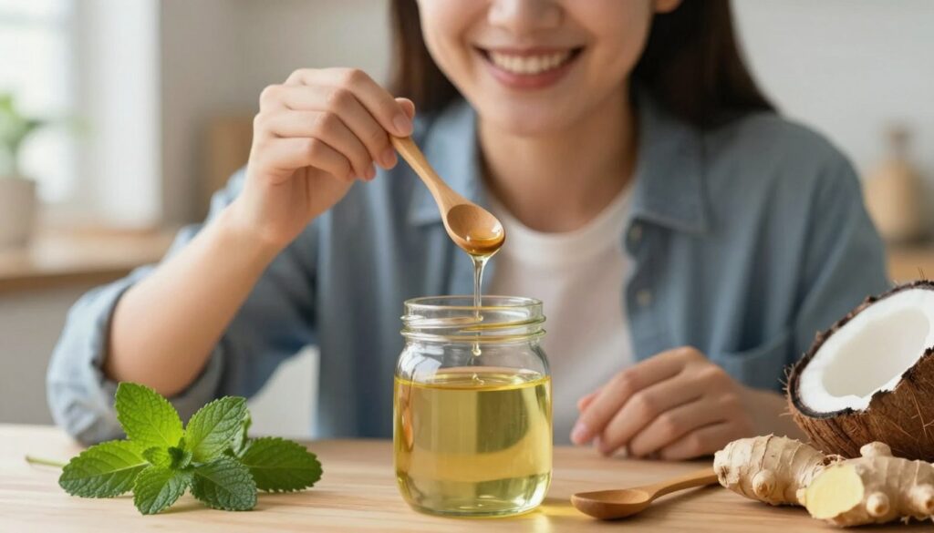 A serene and inviting scene depicting the benefits of oil pulling. In the foreground, a clear glass jar filled with golden coconut oil sits next to a delicate wooden spoon. Surrounding the jar are herbs like peppermint and ginger, representing natural ingredients. In the middle ground, a close-up of a healthy, smiling person, dressed in smart casual attire, is gently swishing coconut oil in their mouth, demonstrating the practice. Their expression conveys relaxation and well-being. The background features a softly blurred kitchen setting, bathed in warm, natural light from a nearby window, adding a peaceful, uplifting atmosphere. The overall mood is wholesome and rejuvenating, emphasizing the natural remedy's positive impact on oral health and microbial diversity. A serene and inviting scene depicting the benefits of oil pulling. In the foreground, a clear glass jar filled with golden coconut oil sits next to a delicate wooden spoon. Surrounding the jar are herbs like peppermint and ginger, representing natural ingredients. In the middle ground, a close-up of a healthy, smiling person, dressed in smart casual attire, is gently swishing coconut oil in their mouth, demonstrating the practice. Their expression conveys relaxation and well-being. The background features a softly blurred kitchen setting, bathed in warm, natural light from a nearby window, adding a peaceful, uplifting atmosphere. The overall mood is wholesome and rejuvenating, emphasizing the natural remedy's positive impact on oral health and microbial diversity.