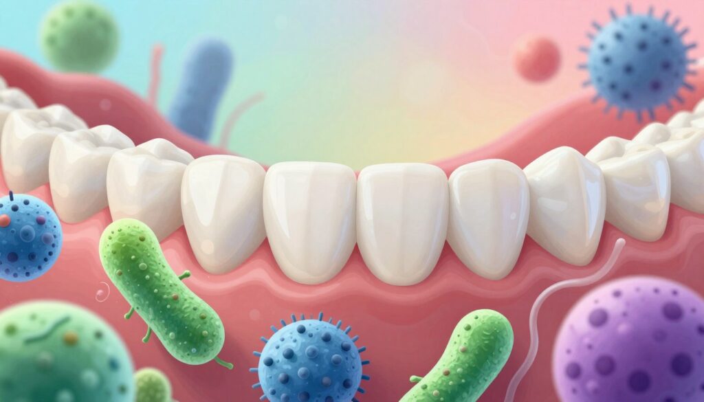 A vibrant and detailed illustration of the oral microbiome, showcasing a close-up view of diverse microorganisms in a healthy mouth environment. In the foreground, various beneficial bacteria, depicted in vivid colors like greens, blues, and purples, interact harmoniously. The middle ground features a bright white set of healthy teeth, reflecting care and cleanliness, while surrounded by swirls representing saliva and nutrients. In the background, a soft gradient of pastel shades suggests a serene and balanced atmosphere, symbolizing health and vitality. The lighting is soft and evenly distributed, akin to natural daylight, enhancing the clarity of microorganisms. The overall mood is positive and educational, encouraging viewers to appreciate the importance of maintaining a balanced oral microbiome for overall health. A vibrant and detailed illustration of the oral microbiome, showcasing a close-up view of diverse microorganisms in a healthy mouth environment. In the foreground, various beneficial bacteria, depicted in vivid colors like greens, blues, and purples, interact harmoniously. The middle ground features a bright white set of healthy teeth, reflecting care and cleanliness, while surrounded by swirls representing saliva and nutrients. In the background, a soft gradient of pastel shades suggests a serene and balanced atmosphere, symbolizing health and vitality. The lighting is soft and evenly distributed, akin to natural daylight, enhancing the clarity of microorganisms. The overall mood is positive and educational, encouraging viewers to appreciate the importance of maintaining a balanced oral microbiome for overall health.