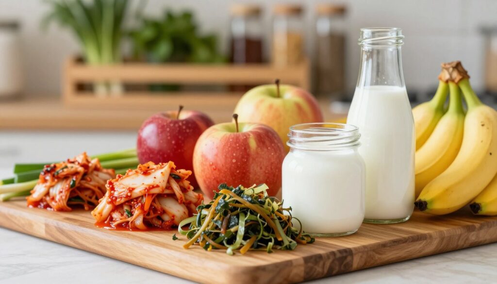A vibrant, well-composed kitchen scene showcasing a variety of whole foods rich in probiotics. In the foreground, a colorful wooden cutting board displays fermented vegetables like kimchi and sauerkraut, alongside jars of yogurt and kefir. The middle section features fresh fruits such as apples and bananas, which invite viewers to explore healthy options. In the background, a softly lit shelf displays herbs and spices, creating a cozy, inviting atmosphere. The warm, natural lighting highlights the textures and colors of the foods, creating a sense of health and vitality. The image should evoke a feeling of nourishment and wellness, while remaining organized and aesthetically pleasing, perfect for illustrating the concept of a probiotic-rich diet.
