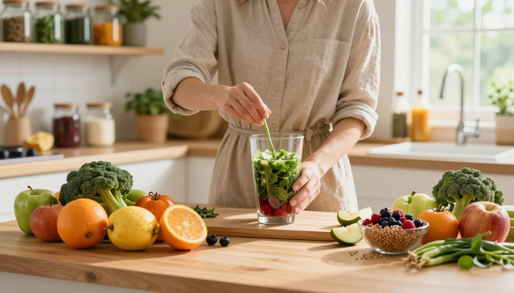 A vibrant, well-organized kitchen scene focused on dietary changes for microbial balance. In the foreground, a wooden table displays an array of colorful fresh fruits, vegetables, and whole grains, symbolizing healthy eating. The middle ground features a person in modest casual attire, expertly preparing a smoothie with greens and berries, highlighting the preparation of nutritious meals. The background contains shelves filled with jars of herbs, spices, and fermented foods, suggesting the importance of flavor and probiotics in the diet. Natural sunlight pours in through a window, illuminating the space and creating a warm, inviting atmosphere. The overall mood conveys a sense of health, vitality, and balance, encouraging viewers to consider the impact of their dietary choices on oral microbiome health. A vibrant, well-organized kitchen scene focused on dietary changes for microbial balance. In the foreground, a wooden table displays an array of colorful fresh fruits, vegetables, and whole grains, symbolizing healthy eating. The middle ground features a person in modest casual attire, expertly preparing a smoothie with greens and berries, highlighting the preparation of nutritious meals. The background contains shelves filled with jars of herbs, spices, and fermented foods, suggesting the importance of flavor and probiotics in the diet. Natural sunlight pours in through a window, illuminating the space and creating a warm, inviting atmosphere. The overall mood conveys a sense of health, vitality, and balance, encouraging viewers to consider the impact of their dietary choices on oral microbiome health.