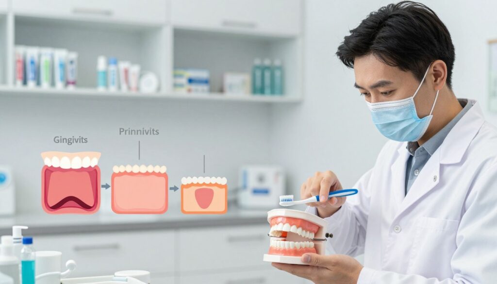 A visually engaging educational scene on the prevention of gingivitis. In the foreground, a dentist in professional attire demonstrates proper brushing techniques on a large model of a jaw with vibrant teeth. The middle ground features a colorful infographic depicting the progression of gingivitis over time, highlighting critical stages, with illustrations of healthy gums gradually transitioning to inflamed gums. In the background, a well-lit dental clinic environment with shelves displaying dental care products, such as toothpaste and floss, creates a sense of professionalism and care. Soft, natural lighting enhances the welcoming atmosphere, while a slight focus blur on the background adds depth to the image. Overall, the mood is informative and positive, emphasizing proactive dental health.