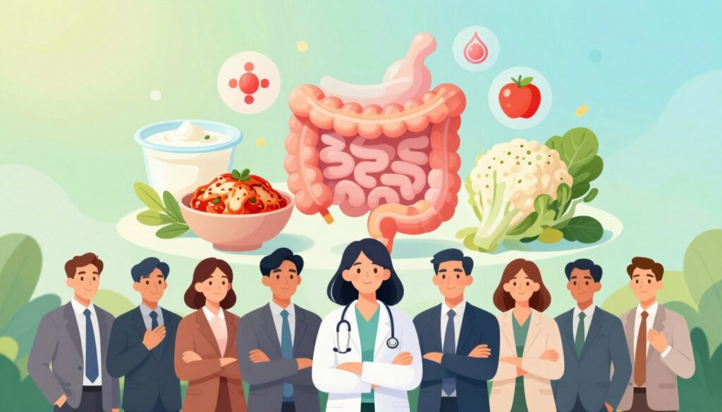 A visually engaging illustration depicting the health effects of probiotics. In the foreground, a serene environment featuring a diverse group of individuals in professional attire, showing positive gestures and expressions, symbolizing well-being. In the middle layer, vibrant, colorful representations of probiotic-rich foods such as yogurt, kimchi, and sauerkraut arranged artistically, surrounded by imagery of gut health icons like simplified digestive tracts. The background features a soft, uplifting gradient of greens and blues to evoke a sense of health and vitality, with soft natural lighting illuminating the scene to enhance the feeling of warmth and positivity. The overall atmosphere should convey harmony, well-being, and the benefits of probiotics for health.