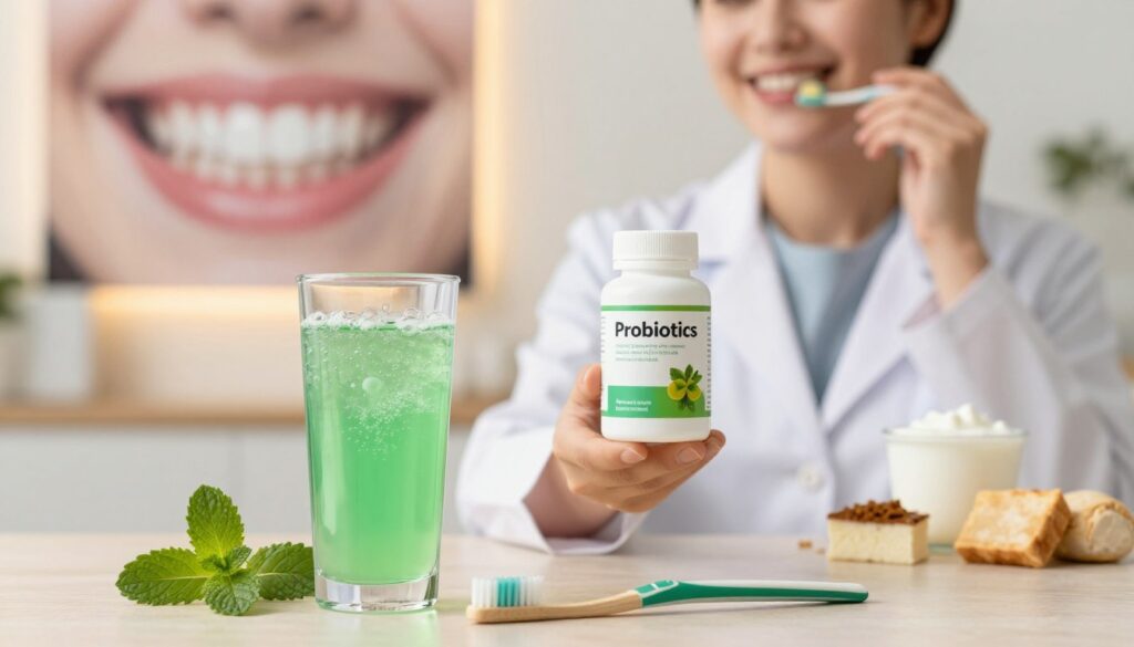 A visually striking composition that highlights the theme of probiotics and oral health. In the foreground, a glass of vibrant, bubbly probiotic drink is artistically placed alongside fresh mint leaves and a toothbrush, symbolizing freshness and clean breath. The middle ground features a serene, smiling person in professional attire, showcasing confident oral hygiene while holding a bottle labeled "Probiotics" with natural ingredients displayed around it, like yogurt and fermented foods. In the background, a softly lit dental care environment reveals a toothy grin on a large poster, promoting oral health and well-being. The lighting is warm and inviting, creating a calm and encouraging atmosphere, ideal for discussing health benefits. Use a shallow depth of field to focus sharply on the probiotic elements, blending them into the overall harmonious scene.