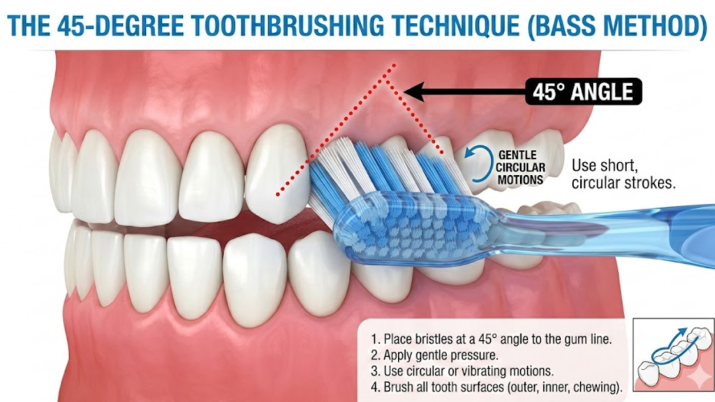 
daily oral hygiene routine recommended by dentists — correct 45-degree toothbrush angle diagram