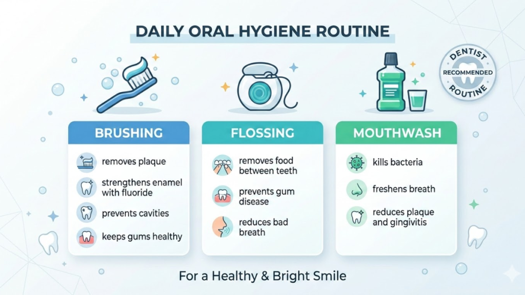 daily oral hygiene routine recommended by dentists — dental tools including toothbrush floss mouthwash and tongue scraper