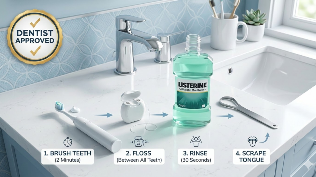 daily oral hygiene routine recommended by dentists — dental tools including toothbrush floss mouthwash and tongue scraper