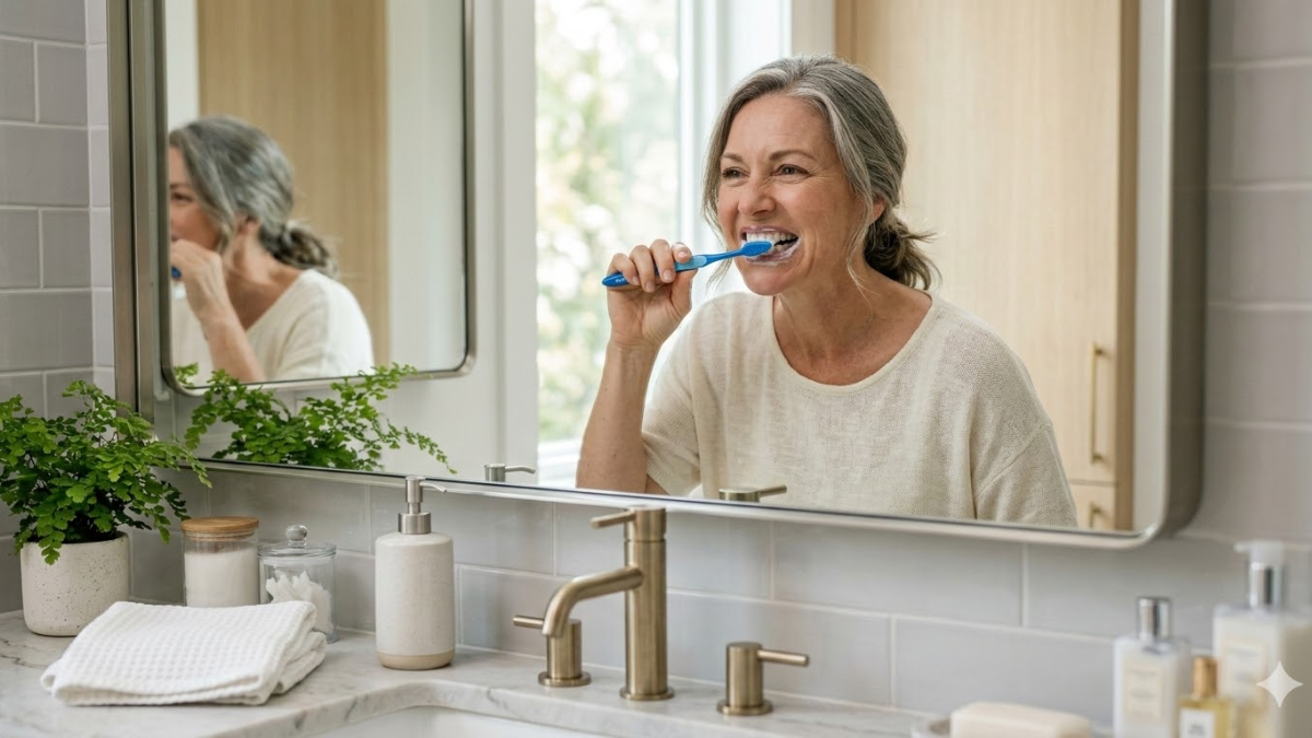daily oral hygiene routine recommended by dentists — person brushing teeth with proper technique