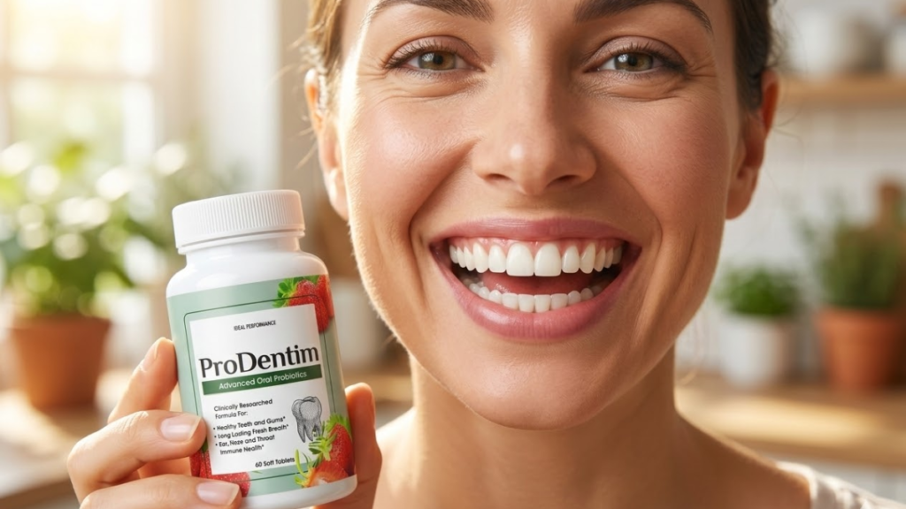 Person with healthy smile after using ProDentim oral probiotic supplement for gum health