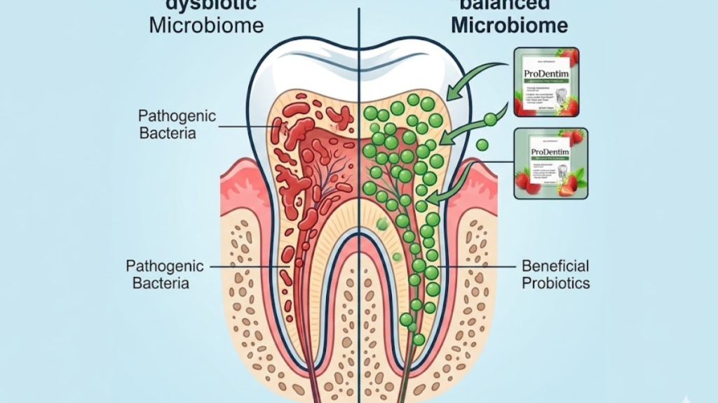 Oral microbiome diagram with beneficial probiotic bacteria