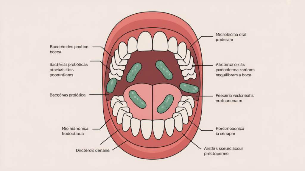 Oral microbiome diagram illustrating how ProDentim probiotic bacteria rebalance the mouth