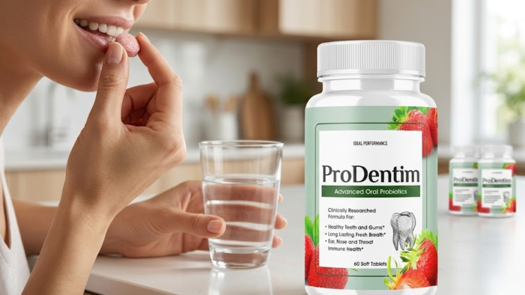 Person taking ProDentim oral probiotic chewable tablet daily dosage