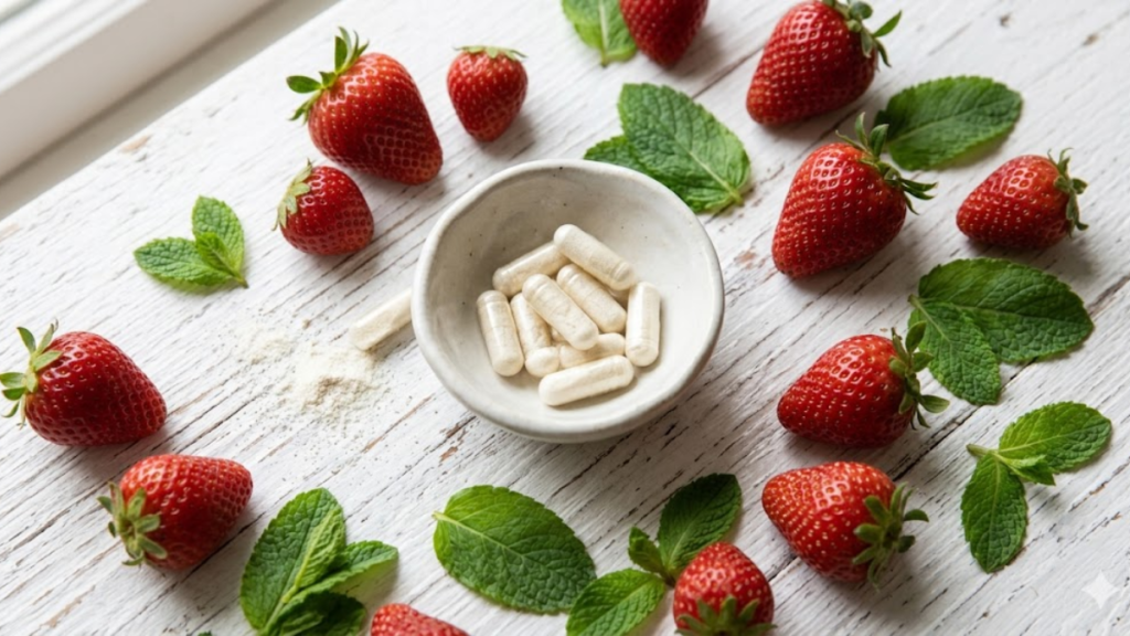 Ingredientes naturais do ProDentim incluindo Lactobacillus e prebióticos