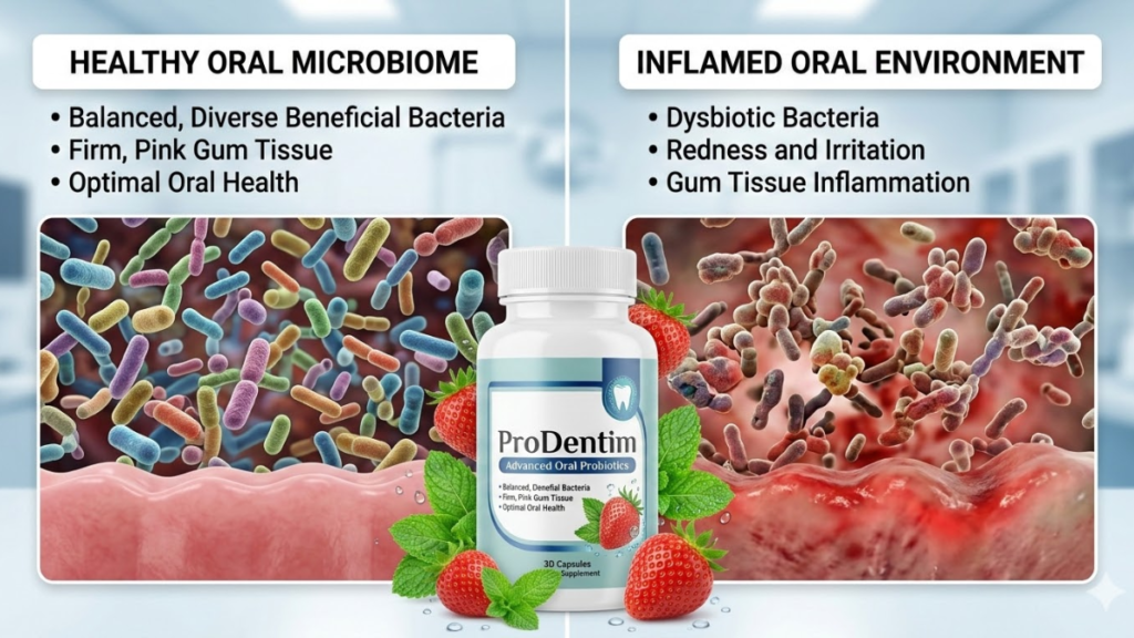 Comparison of healthy oral microbiome vs dysbiotic oral environment relevant to ProDentim