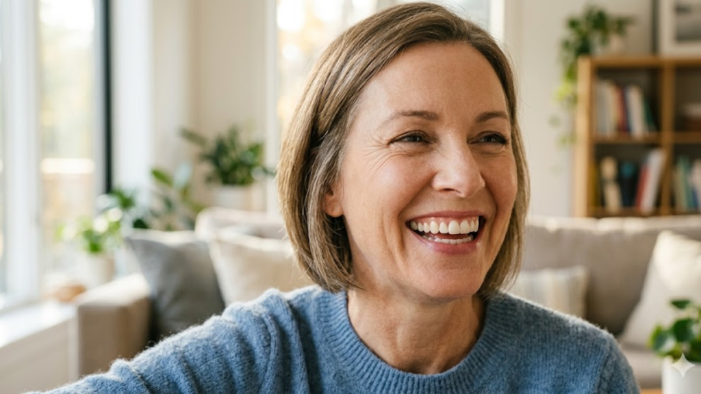 Pessoa com saúde gengival melhorada após uso de probióticos orais