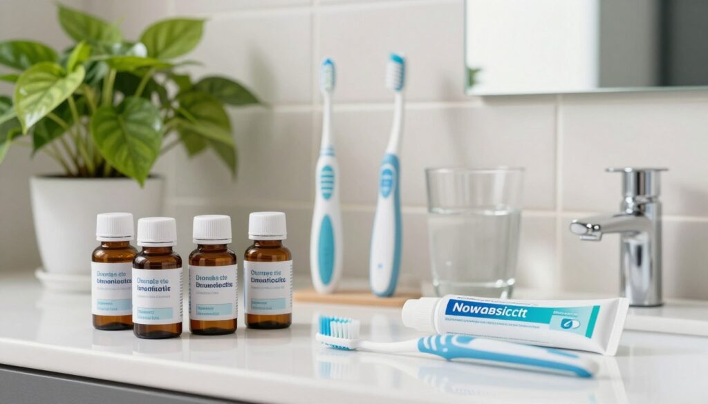 A tidy bathroom countertop featuring an array of high-quality oral probiotics alongside a toothbrush and toothpaste. The foreground displays the probiotic bottles, elegantly labeled, with a vibrant plant in the background adding a touch of green. The middle ground showcases a well-organized dental hygiene setup, including a high-tech toothbrush, a glass of water, and a reflective mirror. Soft, natural lighting enhances the clean and fresh atmosphere, creating a sense of tranquility and health. The background consists of light-colored tiles, contributing to an inviting ambiance. The overall mood suggests a harmonious integration of oral probiotics into a comprehensive dental care routine, highlighting the benefits of maintaining oral health.