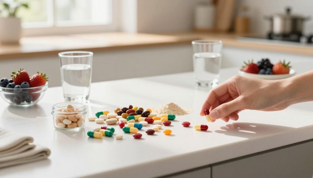 A visually appealing arrangement of assorted oral probiotics, including colorful capsules, tablets, and powders, artistically displayed in a clean, modern kitchen. In the foreground, a hand gently reaches for a capsule, symbolizing integration into daily life. The middle ground features a bright, inviting countertop with a glass of water and a small bowl of fresh berries, enhancing the health-conscious theme. In the background, soft sunlight pours through a window, casting gentle shadows that create a warm, uplifting atmosphere. The scene captures a sense of wellness and vitality, inviting viewers to consider adding probiotics to their routine. Use natural lighting to highlight the vibrant colors of the probiotics, ensuring a clean and clutter-free environment.