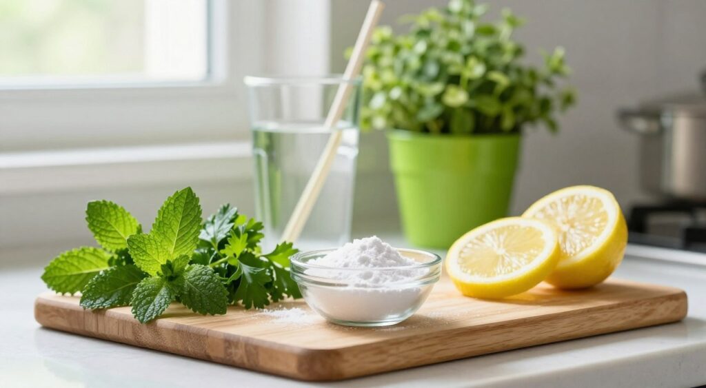 A close-up view of a well-organized kitchen countertop featuring various natural remedies for bad breath. In the foreground, a wooden cutting board displays fresh herbs like mint and parsley, a small bowl of baking soda, and slices of lemon. In the middle ground, a glass of water with a straw and a bright green potted plant create a refreshing atmosphere. The background includes a blurred, sunny kitchen setting with soft natural light filtering through a window, casting gentle shadows. The mood is clean and inviting, highlighting the importance of home remedies in a non-cluttered environment. The image should evoke a sense of tranquility and health, with an emphasis on natural solutions without any text or distractions.