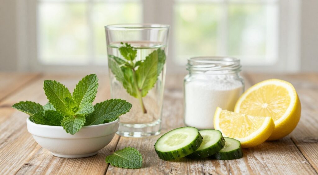 A visually engaging array of natural home remedies for bad breath displayed on a rustic wooden table. In the foreground, a small bowl of fresh mint leaves, alongside sliced cucumber and lemon wedges, exuding freshness. In the middle ground, a glass of water infused with herbs and a jar of baking soda. The background features soft, diffused natural lighting filtering through a window, creating a warm and inviting atmosphere. A subtle focus on the ingredients enhances the vibrant greens and bright yellows, while a gentle bokeh effect adds depth. The overall mood is calm and refreshing, emphasizing the theme of natural oral care solutions.
