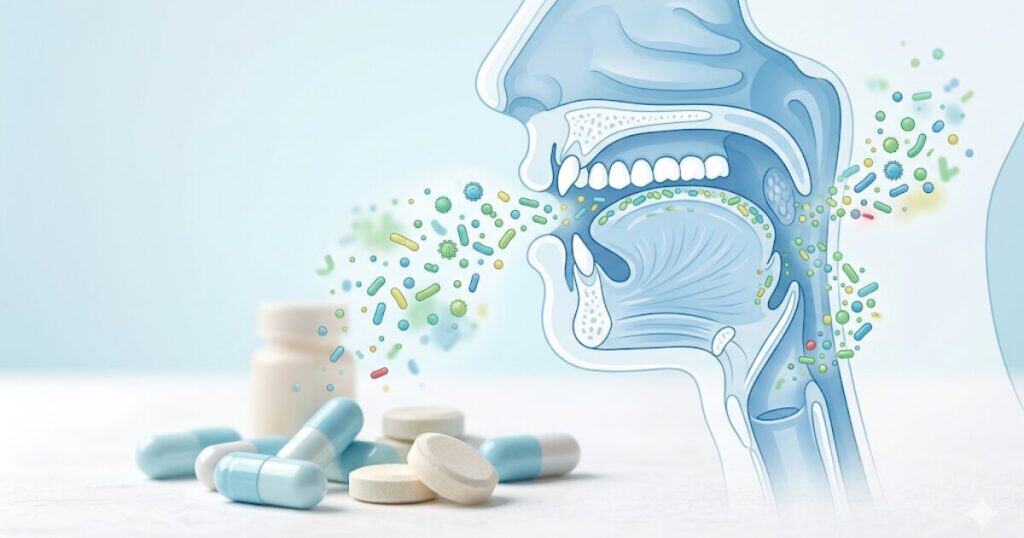 Best probiotic strains for oral health — lozenges and beneficial bacteria illustration