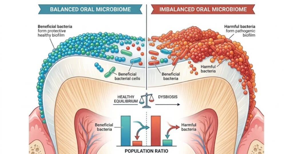 Oral microbiome diagram showing probiotic strains competing with harmful bacteria for oral health