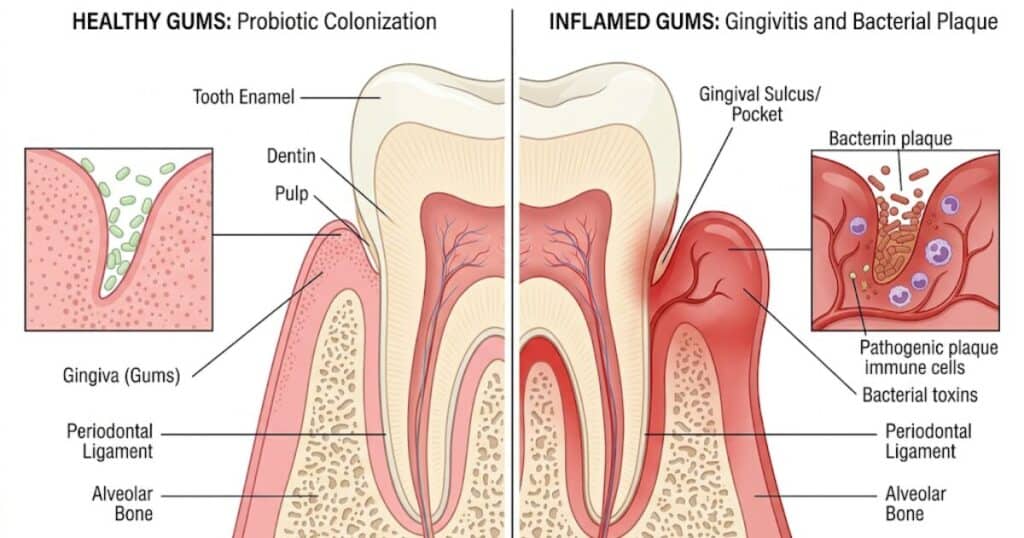 Probiotic strains for gum disease — healthy versus inflamed gum tissue diagram
