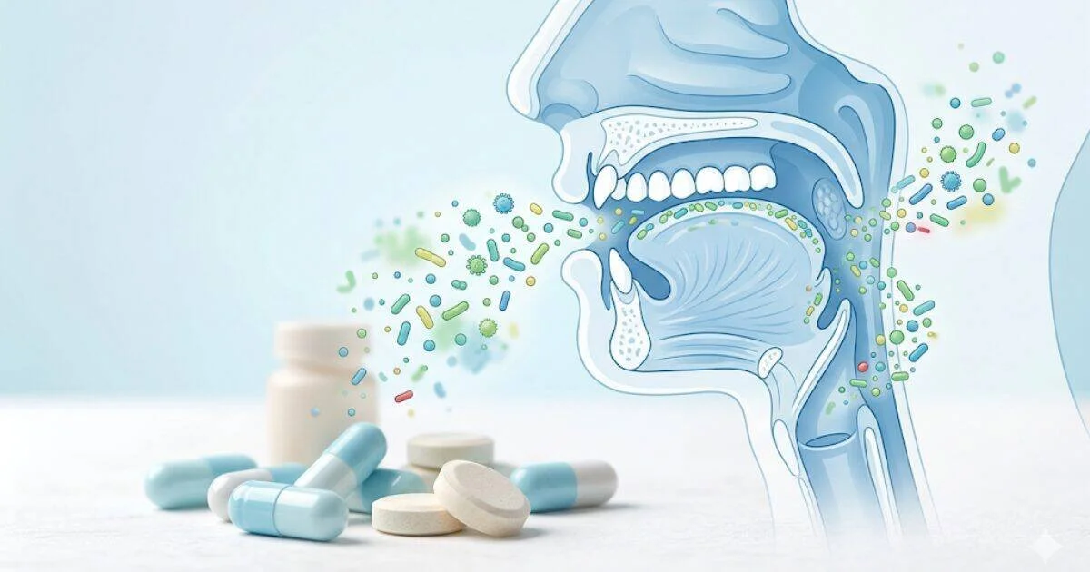Best probiotic strains for oral health — lozenges and beneficial bacteria illustration